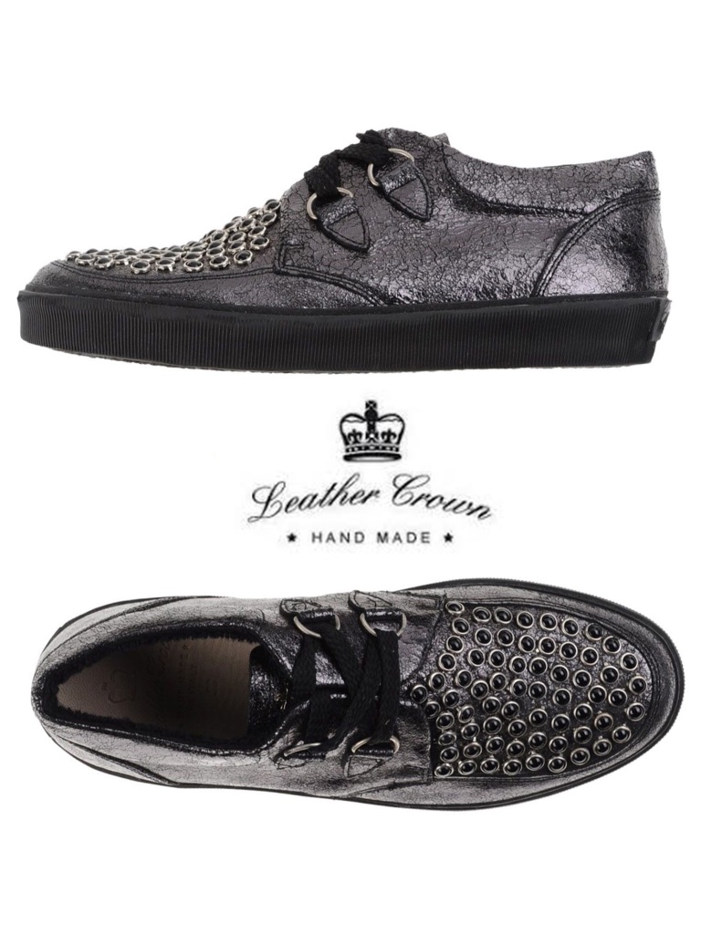 Leather Crown Nib Wedge Rhinestones Black Sneaker. Handmade In Italy. Size 38/8